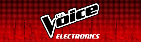 The Voice Electronics logo on a background of red dots mimicking audio beats