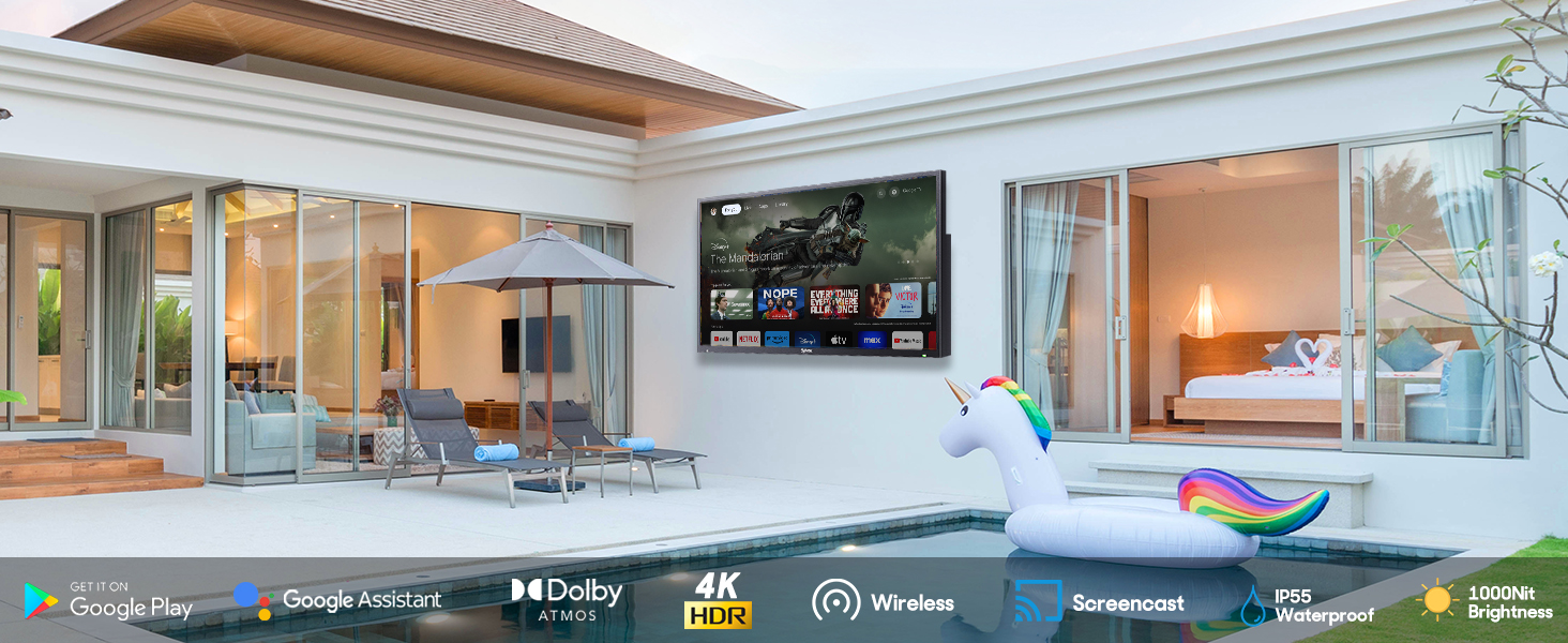 outdoor smart tv Google Play Google Assidtant 4K UHD WiFi Bluetooth 1000nit