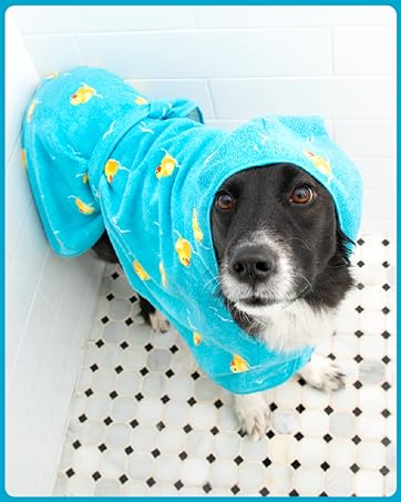 Bark Home dog wearing duck bath robe