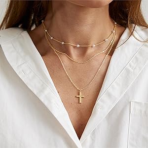 3Layered O Chain Pearl Cross-Gold