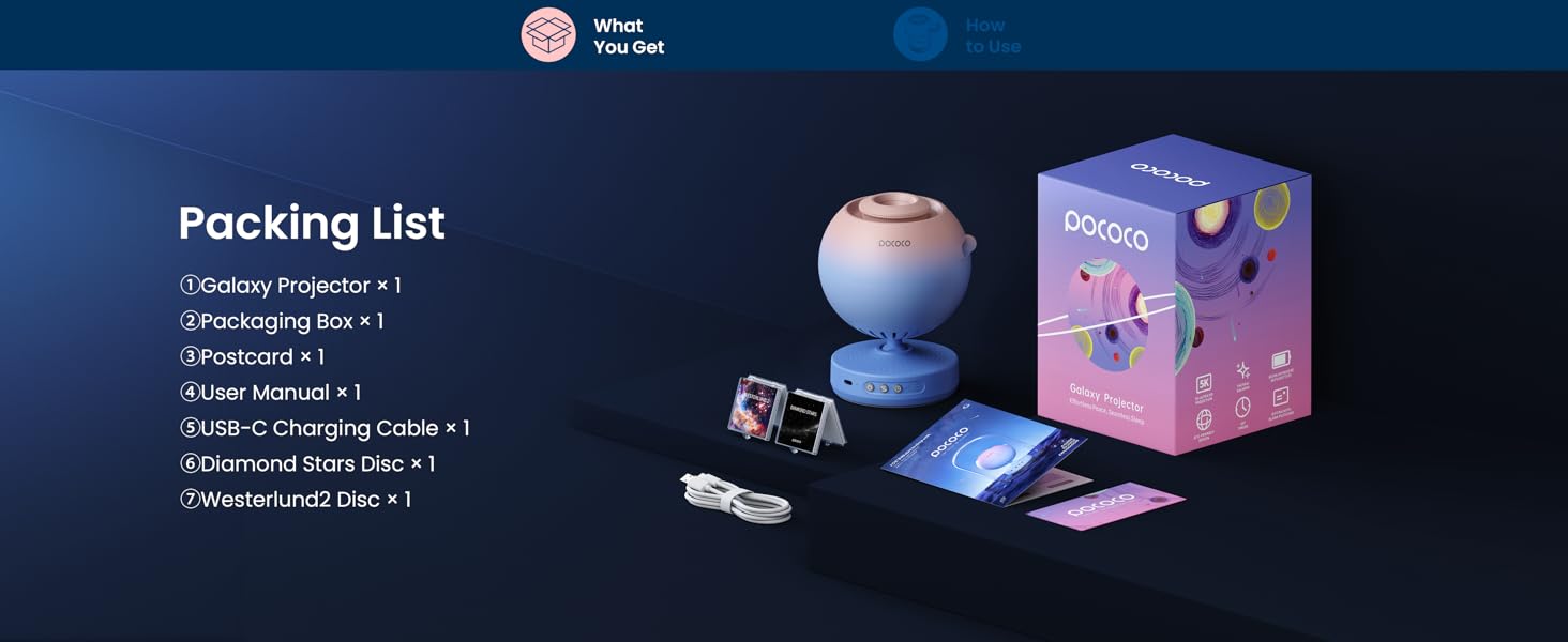 Packing List:  Galaxy Projector Postcard Manual USB-C Diamond Stars Disc Westerlund 2 Disc