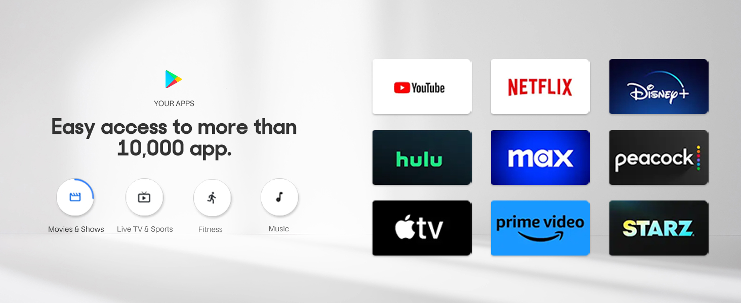more than 10000 apps YouTube Netflix Prime Video Hulu Vudu Apple TV