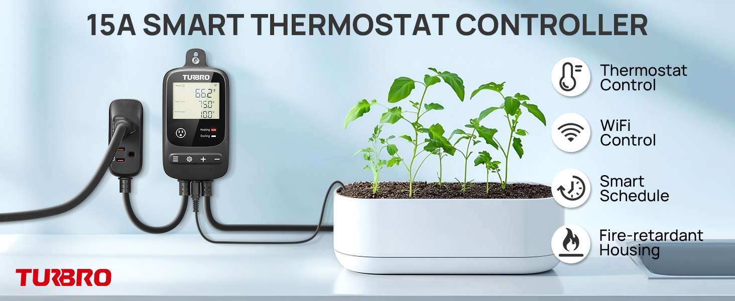 Temp controller mounted on wall next to potted plant with temp probe sensor inserted in soil