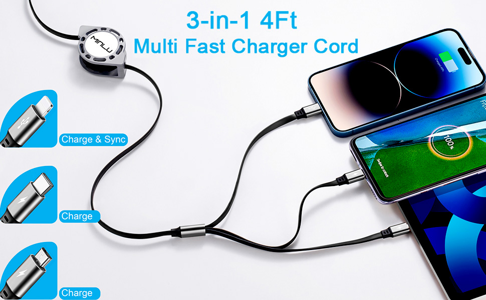 3 in 1 Multi Fast Charger Core retractable multi charging cable multi charging cord multi usb cable 