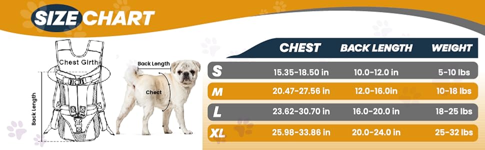 Dog Backpack Carrier Size Chart  for Small to X Large Dogs