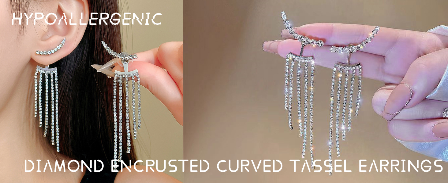 Rhinestone Long Tassel Pendant Earrings