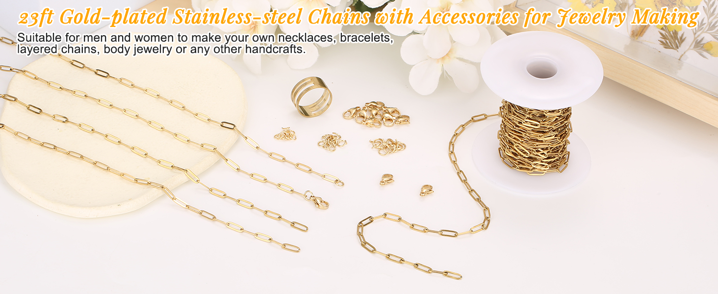 23ft Gold-plated Stainless-steel Chains with Accessories for Jewelry Making