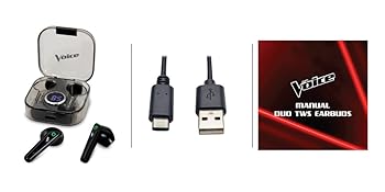 Black Earbuds and open charge case with digital display reading 85, USB charge cord, front of manual