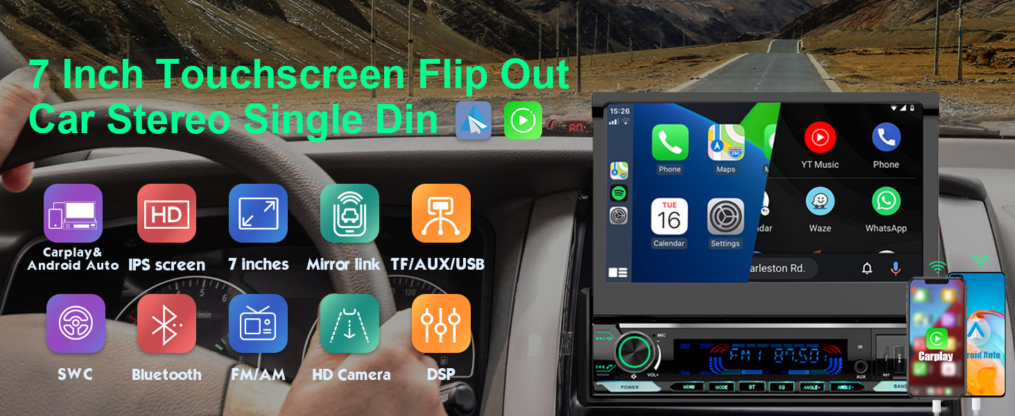 7 inch HD Single Din Car Stereo with Bluetooth and Carplay