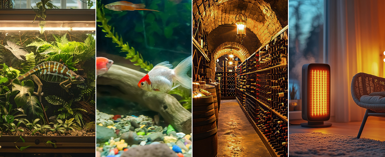 Collage of four scenes reptile tank fish tank wine cellar indoor heating environment