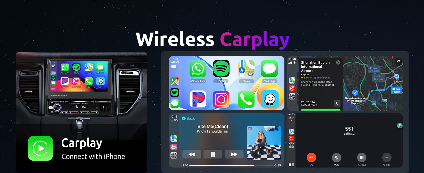 single din car stereo with wireless  carplay