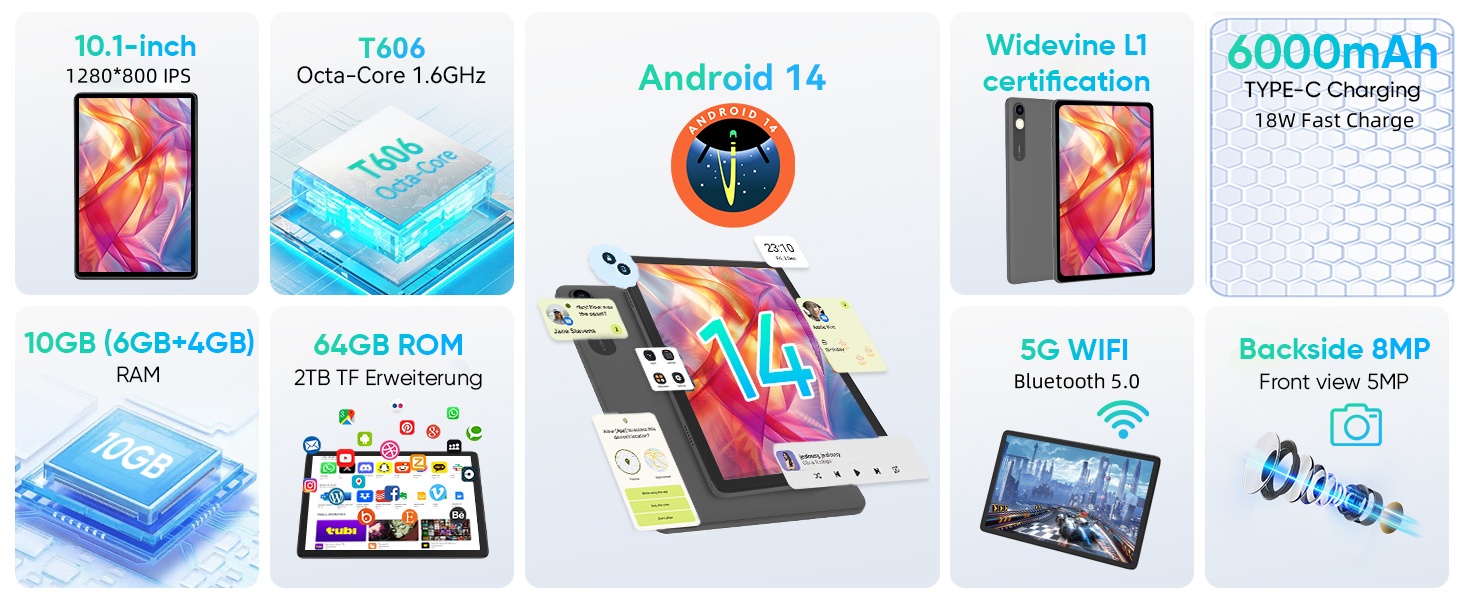 Android 14 tablet;10.1 inch;Tablets
