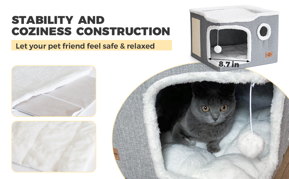 Solid Cat Cube Bed for Indoor Cats,Covered Cat Cave House & Furniture with Scratch Pad,Hideaway  
