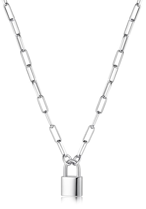 Dainty Silver Plated Paperclip Link Chain Necklace for Women with Lock Pendant