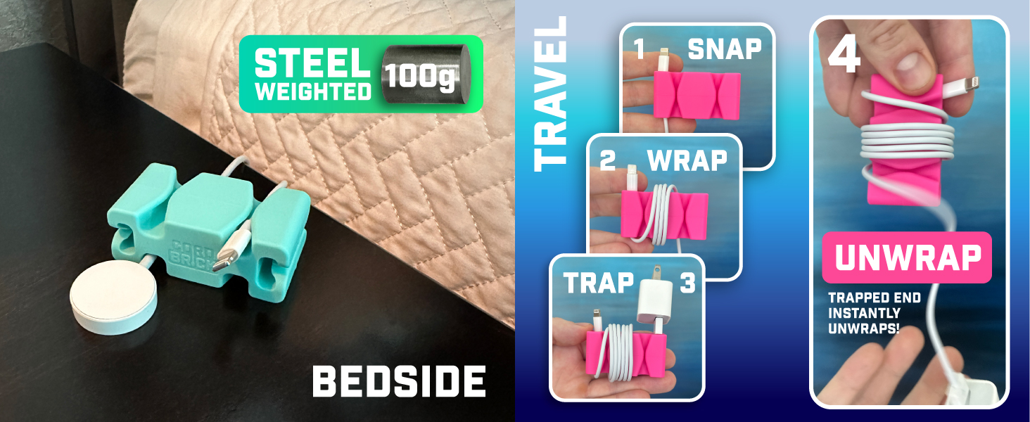 Steel weighted bedside cord holder. Snap, wrap, trap, unwrap for travel banner 2