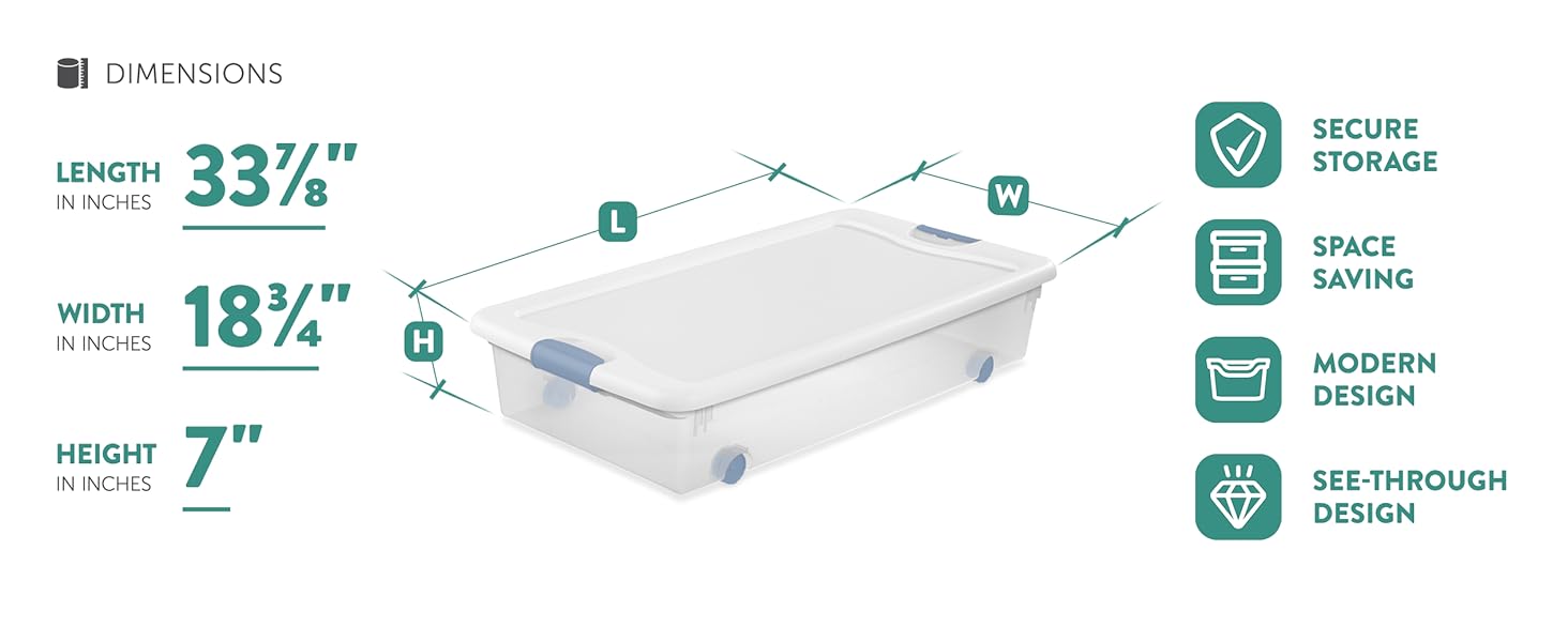Sterilite Wheeled Latching Box. Length: 33 7/8". Width: 18 3/4". Height: 7"