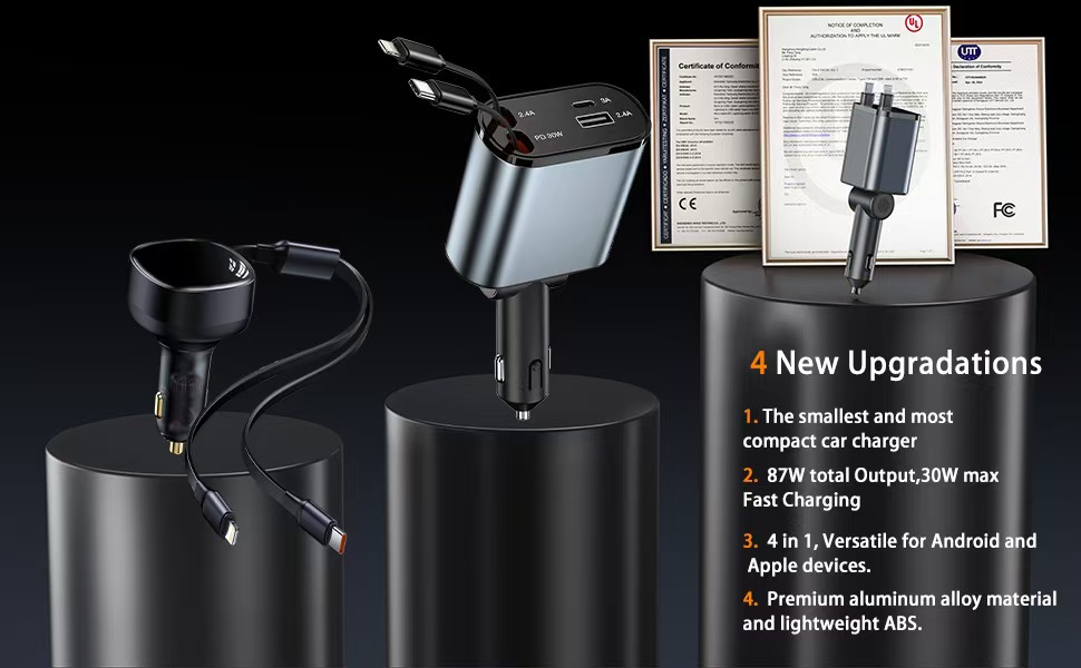 4 in 1 car charger with retractable cords