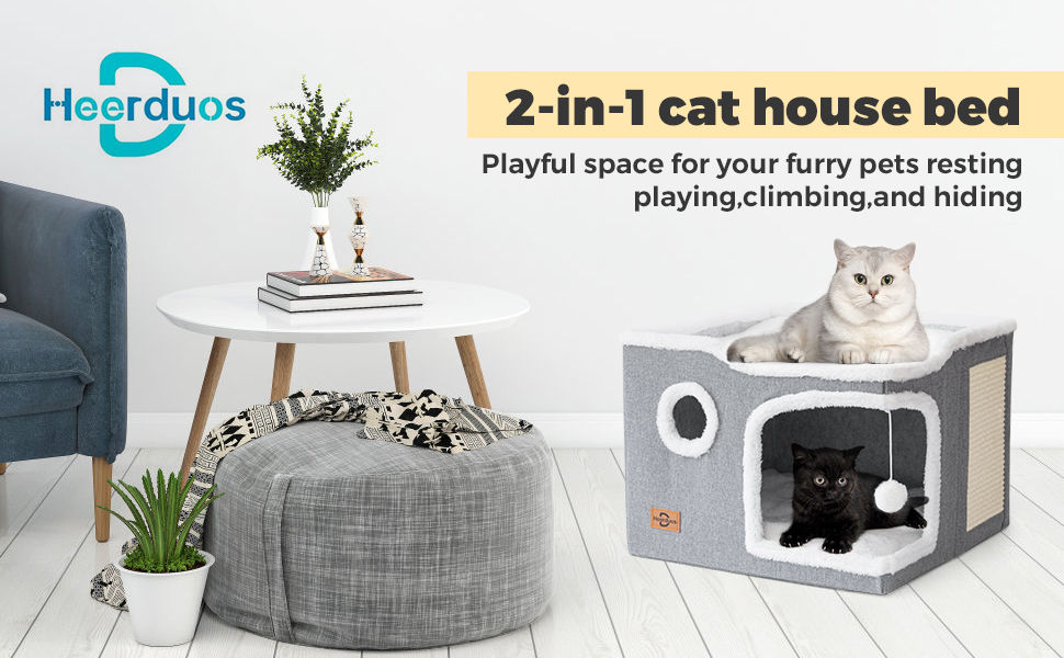 Cat House,Cat Bed,Large Cat Cave for Indoor Cat,Cat House with Fluffy Ball Hanging and Scratch Pad