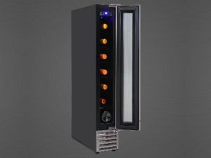 7-bottle front-venting compressor wine cooler, open, on a dark gray background