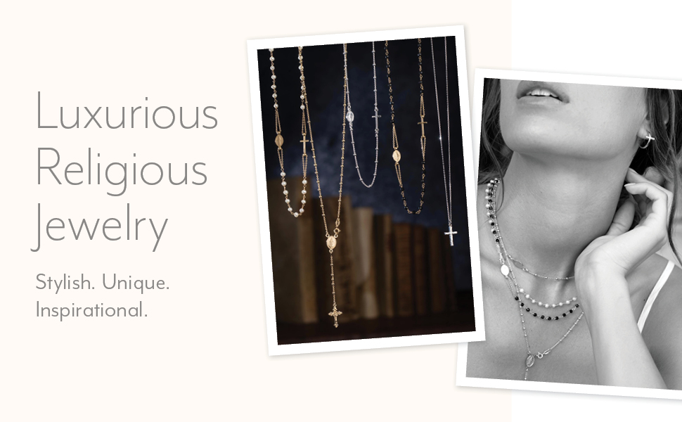 Classic rosary necklace, with black spinels, with pearls, chain style. Woman wears rosary necklaces