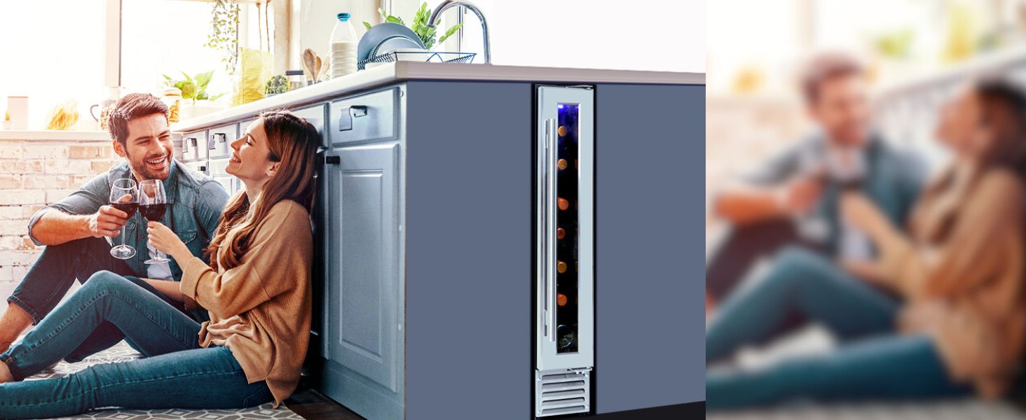 Ultra slim 7-bottle wine cooler installed in an elegant gray kitchen island
