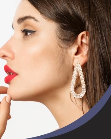 model shown with dangly sparkly earrings to show lobe miracle supports heavy styles