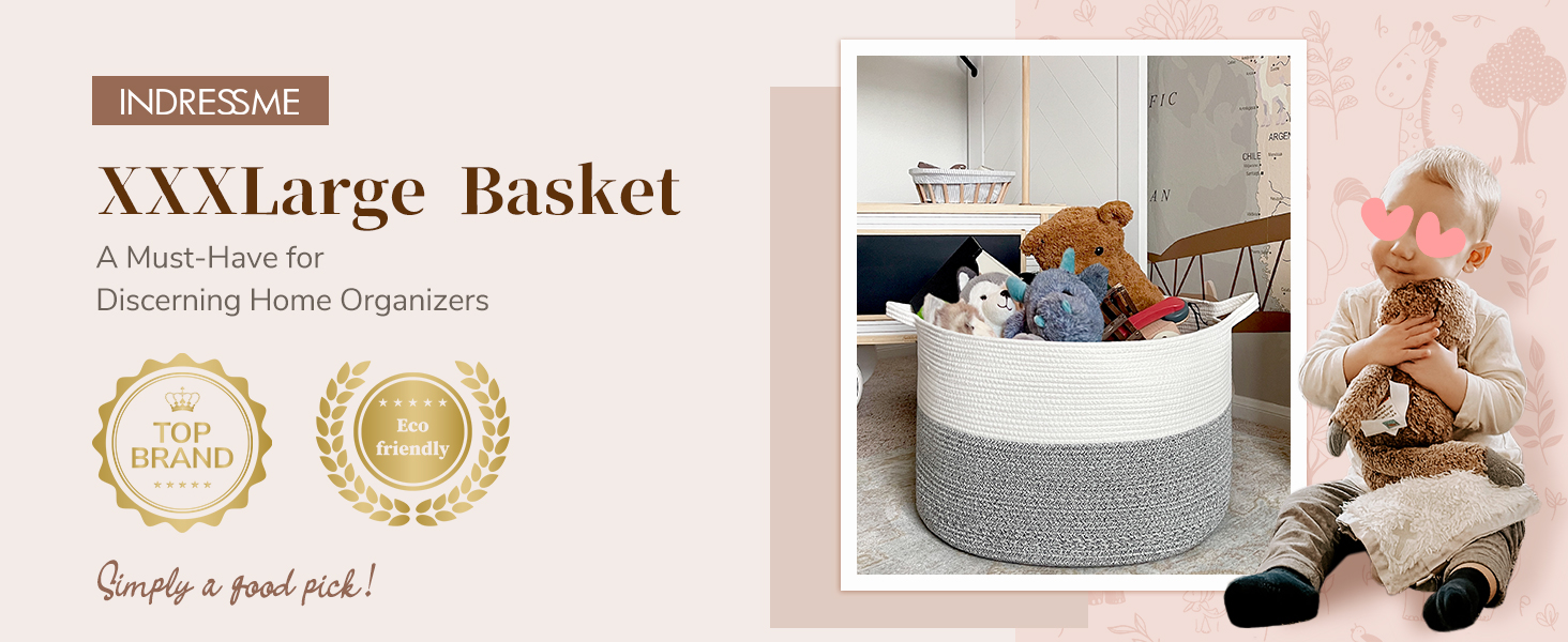 INDRESSME XXXLarge Cotton Rope Basket 21.7" x 21.7" x 13.8"