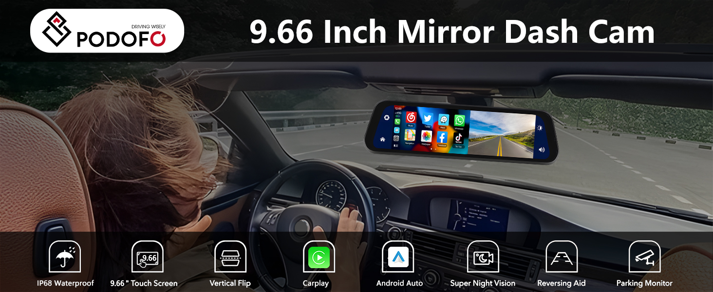 Rear View Mirror Camera Carplay Android Auto Mirror Dash Cam Backup Front and Rear View Dual Cameras