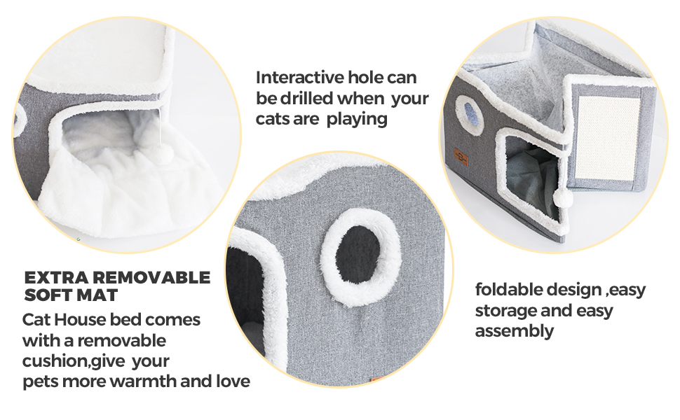 Foldable Cat Hideaway Hut Cute Cat Condo with Soft Washable Mat for Multi Small Pet Under 30 lbs