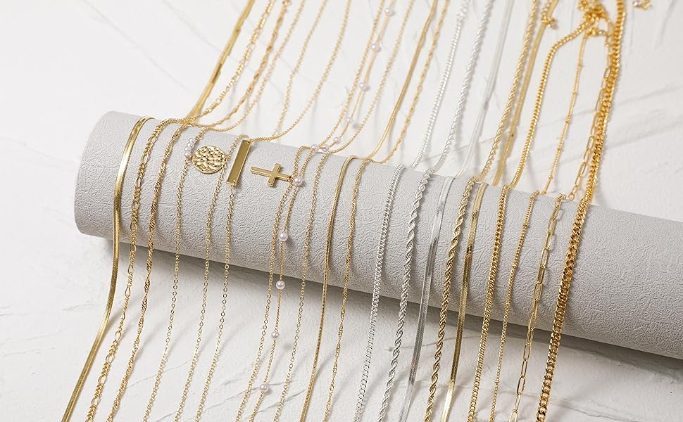 Dainty Layered Necklace 14K Gold Plated Herringbone Pearl Cross Paperclip Cuban Figaro Rope Gift