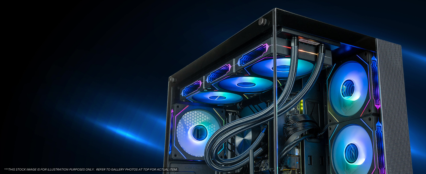 Panorama pc gaming desktop showing the toughen tempered glass front and side panels with blue fans