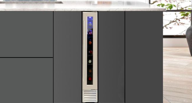 7 bottle front-venting wine fridge installed in a dark gray kitchen island