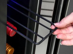 Close-up of the removable rack in Koolatron's 7-bottle built-in wine fridge