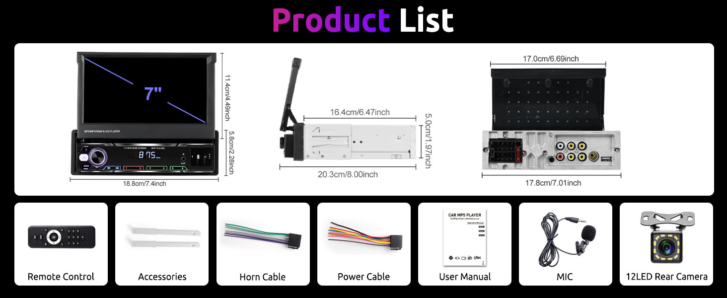 7 inch Single din car radio with backup camera