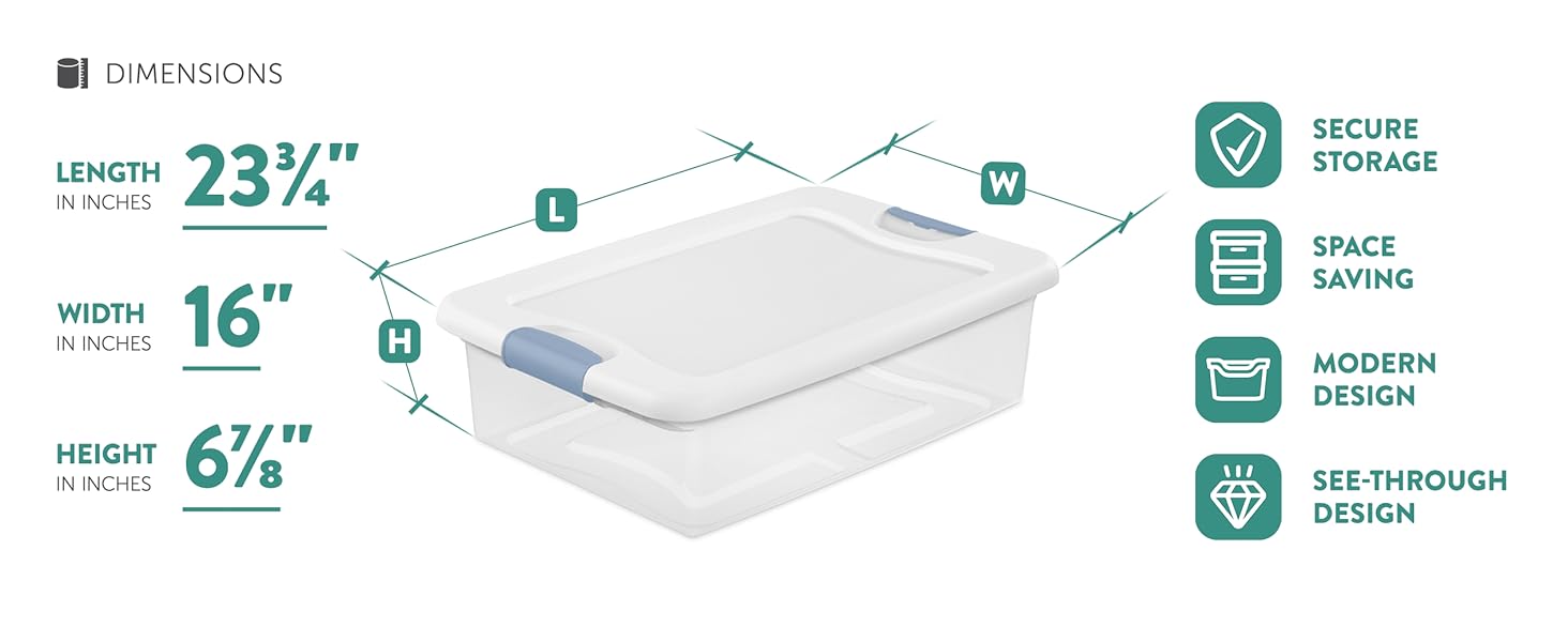 Sterilite Latching Box. Length: 23 3/4". Width: 16". Height: 6 7/8"