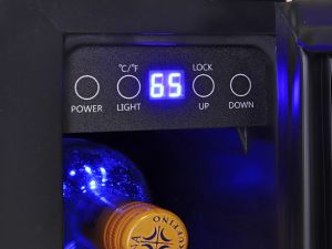 Closeup of the digital touch screen controls on the front of a black Koolatron wine chiller