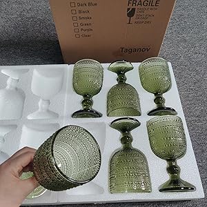 Green Wine Glasses Drinking Water Goblets set of 6 Vintage Colored Glassware