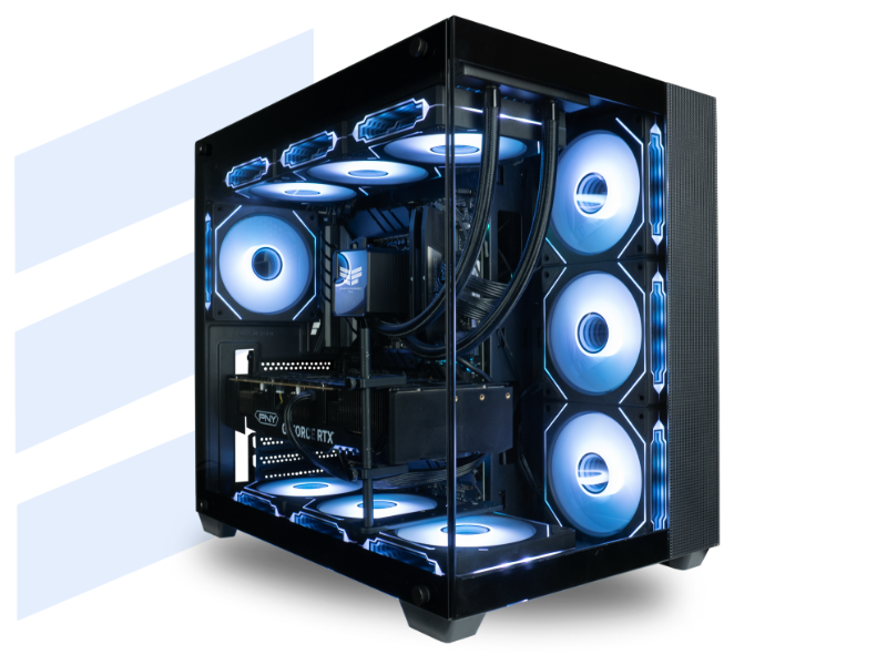 Panorama ATX gaming PC with icy white ARGB fans