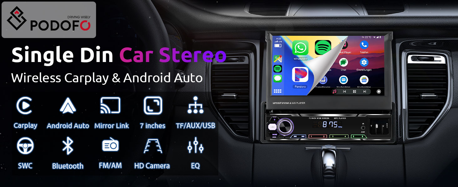 Single din car stereo with wireless carplay