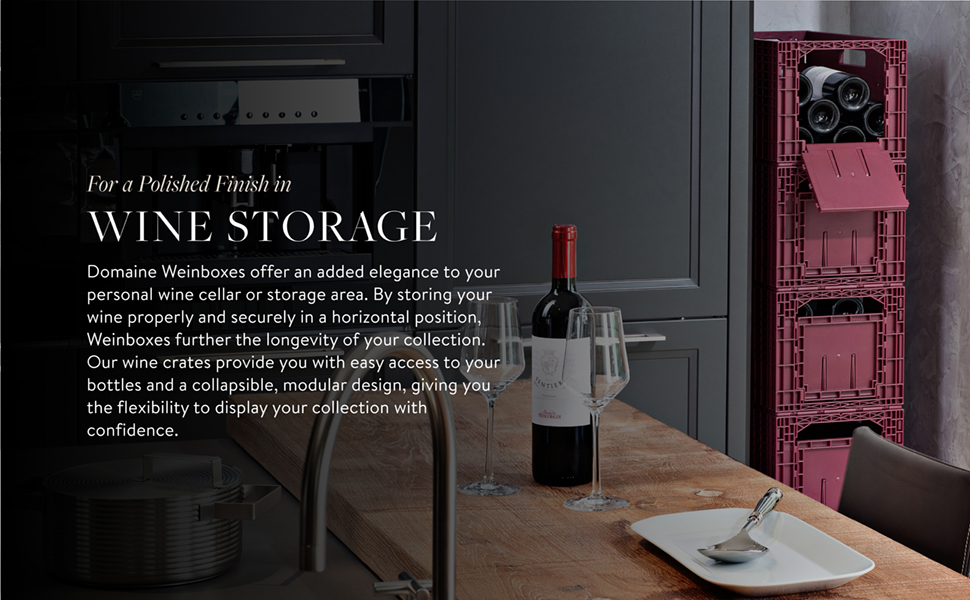 Wine crates provide easy access to wine, are collapsible, modular and store bottles horizontally.