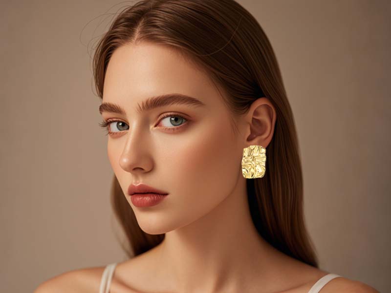 Geometric Rectangle Gold Stud Earrings