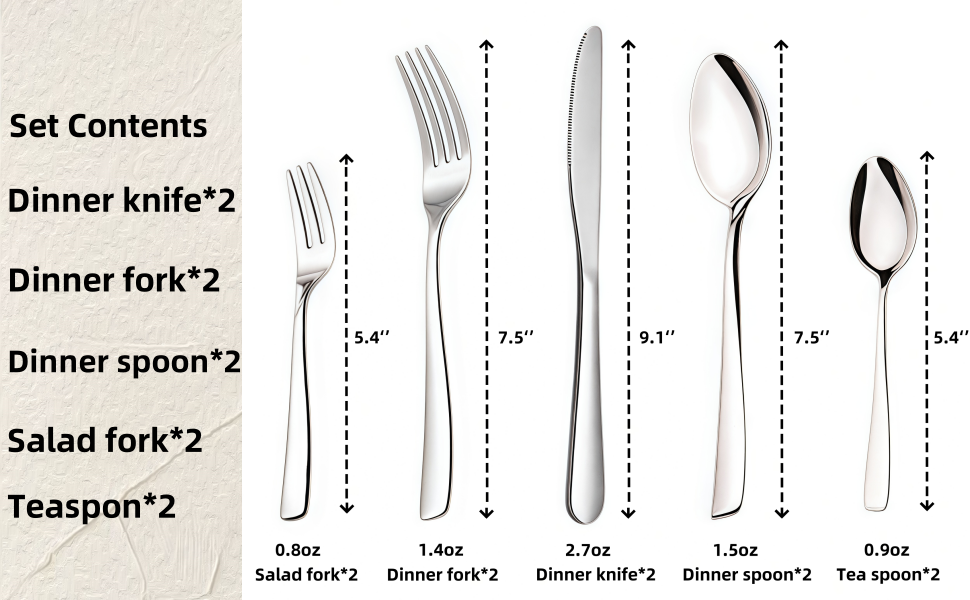 dinner knife*2, dinner fork*2, dinner spoon*2, salad fork*2, teaspoon *2